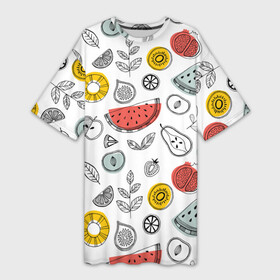 Платье-футболка 3D с принтом Летний микс ,  |  | ананас | апельсин | арбуз | груша | еда | клубника | лето | листья | минимализм | персик | раскраска | фрукты | ягоды