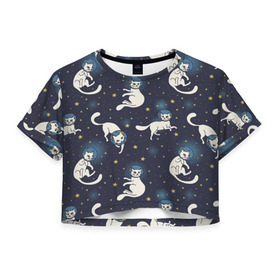 Женская футболка 3D укороченная с принтом Космокотики , 100% полиэстер | круглая горловина, длина футболки до линии талии, рукава с отворотами | звёзды | космос | кот | котик | кошка | паттерн | скафандр