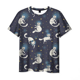 Мужская футболка 3D с принтом Космокотики , 100% полиэфир | прямой крой, круглый вырез горловины, длина до линии бедер | звёзды | космос | кот | котик | кошка | паттерн | скафандр