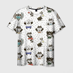 Мужская футболка 3D с принтом Лесные супергерои , 100% полиэфир | прямой крой, круглый вырез горловины, длина до линии бедер | Тематика изображения на принте: енот | лес | лис | лось | медведь | паттерн | сова