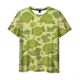 Мужская футболка 3D с принтом Лягухи , 100% полиэфир | прямой крой, круглый вырез горловины, длина до линии бедер | болото | жабы | квакухи | кувшинки | лягушки | паттерн