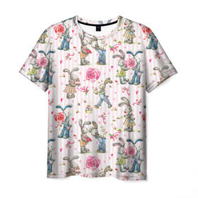 Мужская футболка 3D с принтом Кролики , 100% полиэфир | прямой крой, круглый вырез горловины, длина до линии бедер | акварель | зайчиха | заяц | кролиха | кроль | любовь | подарок | полоска | рисунок | сердце