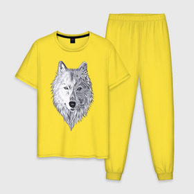 Мужская пижама хлопок с принтом Рисованный волк , 100% хлопок | брюки и футболка прямого кроя, без карманов, на брюках мягкая резинка на поясе и по низу штанин
 | арт | волки | графика | животные | узор | хищники | черно белые