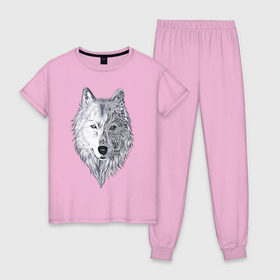 Женская пижама хлопок с принтом Рисованный волк , 100% хлопок | брюки и футболка прямого кроя, без карманов, на брюках мягкая резинка на поясе и по низу штанин | арт | волки | графика | животные | узор | хищники | черно белые