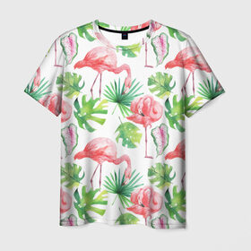 Мужская футболка 3D с принтом Розовые , 100% полиэфир | прямой крой, круглый вырез горловины, длина до линии бедер | листья | папоротник | паттерн | фламинго