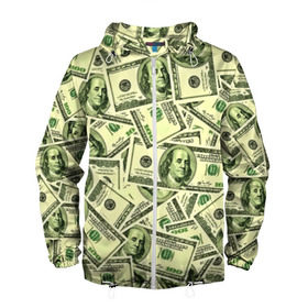 Мужская ветровка 3D с принтом Benjamin Franklin , 100% полиэстер | подол и капюшон оформлены резинкой с фиксаторами, два кармана без застежек по бокам, один потайной карман на груди | Тематика изображения на принте: 3d | benjamin franklin | америка | богатство | валюта | денежные купюры | деньги | доллар | зеленые | сша | текстуры