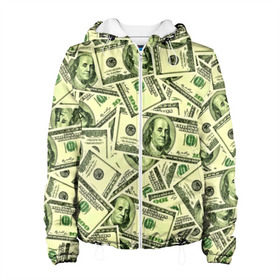 Женская куртка 3D с принтом Benjamin Franklin , ткань верха — 100% полиэстер, подклад — флис | прямой крой, подол и капюшон оформлены резинкой с фиксаторами, два кармана без застежек по бокам, один большой потайной карман на груди. Карман на груди застегивается на липучку | 3d | benjamin franklin | америка | богатство | валюта | денежные купюры | деньги | доллар | зеленые | сша | текстуры