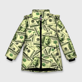 Зимняя куртка для девочек 3D с принтом Benjamin Franklin , ткань верха — 100% полиэстер; подклад — 100% полиэстер, утеплитель — 100% полиэстер. | длина ниже бедра, удлиненная спинка, воротник стойка и отстегивающийся капюшон. Есть боковые карманы с листочкой на кнопках, утяжки по низу изделия и внутренний карман на молнии. 

Предусмотрены светоотражающий принт на спинке, радужный светоотражающий элемент на пуллере молнии и на резинке для утяжки. | Тематика изображения на принте: 3d | benjamin franklin | америка | богатство | валюта | денежные купюры | деньги | доллар | зеленые | сша | текстуры