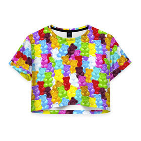 Женская футболка 3D укороченная с принтом Мармелад мишки , 100% полиэстер | круглая горловина, длина футболки до линии талии, рукава с отворотами | медведь | сладкое
