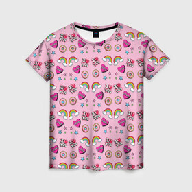 Женская футболка 3D с принтом Стикеры для Нее , 100% полиэфир ( синтетическое хлопкоподобное полотно) | прямой крой, круглый вырез горловины, длина до линии бедер | Тематика изображения на принте: звезды | пончик | радуга | розовый | сердечко | я тебя люблю