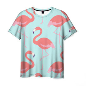 Мужская футболка 3D с принтом Flamingos pattern , 100% полиэфир | прямой крой, круглый вырез горловины, длина до линии бедер | Тематика изображения на принте: animals | beautiful | bird | birds | birdy | blue | color | flamingo | nature | wild | белое | голубое | животные | красивое | красота | милое | природа | птица | птицы | птичка | птички | синее | фламинго | цвет | яркое