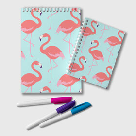 Блокнот с принтом Flamingos pattern , 100% бумага | 48 листов, плотность листов — 60 г/м2, плотность картонной обложки — 250 г/м2. Листы скреплены удобной пружинной спиралью. Цвет линий — светло-серый
 | Тематика изображения на принте: animals | beautiful | bird | birds | birdy | blue | color | flamingo | nature | wild | белое | голубое | животные | красивое | красота | милое | природа | птица | птицы | птичка | птички | синее | фламинго | цвет | яркое