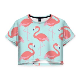 Женская футболка 3D укороченная с принтом Flamingos pattern , 100% полиэстер | круглая горловина, длина футболки до линии талии, рукава с отворотами | animals | beautiful | bird | birds | birdy | blue | color | flamingo | nature | wild | белое | голубое | животные | красивое | красота | милое | природа | птица | птицы | птичка | птички | синее | фламинго | цвет | яркое
