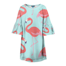 Детское платье 3D с принтом Flamingos pattern , 100% полиэстер | прямой силуэт, чуть расширенный к низу. Круглая горловина, на рукавах — воланы | animals | beautiful | bird | birds | birdy | blue | color | flamingo | nature | wild | белое | голубое | животные | красивое | красота | милое | природа | птица | птицы | птичка | птички | синее | фламинго | цвет | яркое
