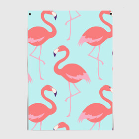 Постер с принтом Flamingos pattern , 100% бумага
 | бумага, плотность 150 мг. Матовая, но за счет высокого коэффициента гладкости имеет небольшой блеск и дает на свету блики, но в отличии от глянцевой бумаги не покрыта лаком | animals | beautiful | bird | birds | birdy | blue | color | flamingo | nature | wild | белое | голубое | животные | красивое | красота | милое | природа | птица | птицы | птичка | птички | синее | фламинго | цвет | яркое