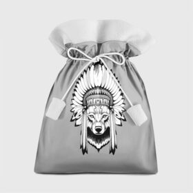 Подарочный 3D мешок с принтом Indian wolf , 100% полиэстер | Размер: 29*39 см | indian | wolf | волк | голова животного | индеец | перья