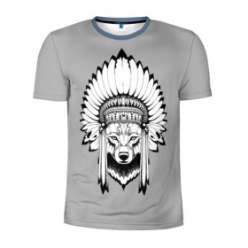 Мужская футболка 3D спортивная с принтом Indian wolf , 100% полиэстер с улучшенными характеристиками | приталенный силуэт, круглая горловина, широкие плечи, сужается к линии бедра | indian | wolf | волк | голова животного | индеец | перья