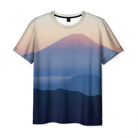 Мужская футболка 3D с принтом Фудзияма , 100% полиэфир | прямой крой, круглый вырез горловины, длина до линии бедер | fuji | вулкан | горы | рассвет | солнце | туман | утро | япония