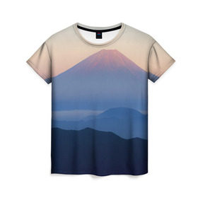 Женская футболка 3D с принтом Фудзияма , 100% полиэфир ( синтетическое хлопкоподобное полотно) | прямой крой, круглый вырез горловины, длина до линии бедер | fuji | вулкан | горы | рассвет | солнце | туман | утро | япония