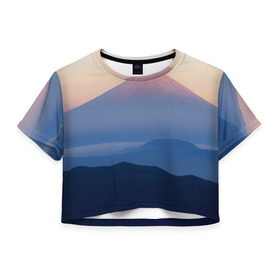 Женская футболка 3D укороченная с принтом Фудзияма , 100% полиэстер | круглая горловина, длина футболки до линии талии, рукава с отворотами | fuji | вулкан | горы | рассвет | солнце | туман | утро | япония