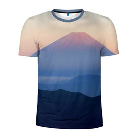 Мужская футболка 3D спортивная с принтом Фудзияма , 100% полиэстер с улучшенными характеристиками | приталенный силуэт, круглая горловина, широкие плечи, сужается к линии бедра | Тематика изображения на принте: fuji | вулкан | горы | рассвет | солнце | туман | утро | япония