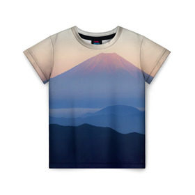 Детская футболка 3D с принтом Фудзияма , 100% гипоаллергенный полиэфир | прямой крой, круглый вырез горловины, длина до линии бедер, чуть спущенное плечо, ткань немного тянется | Тематика изображения на принте: fuji | вулкан | горы | рассвет | солнце | туман | утро | япония