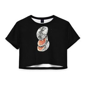 Женская футболка 3D укороченная с принтом Луна дольками , 100% полиэстер | круглая горловина, длина футболки до линии талии, рукава с отворотами | апельсин | грейпфрут | ломтики | цитрус