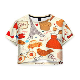 Женская футболка 3D укороченная с принтом Paris pattern , 100% полиэстер | круглая горловина, длина футболки до линии талии, рукава с отворотами | 3d | love | арт | еда | любовь | надписи | париж | паттерн | птицы | сердечки | текстура
