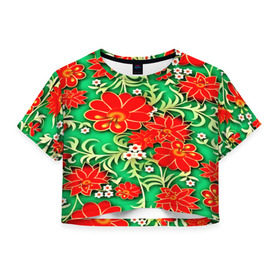 Женская футболка 3D укороченная с принтом Узор из цветов , 100% полиэстер | круглая горловина, длина футболки до линии талии, рукава с отворотами | 3d | арт | астры | красные | ромашки | узор | цветы