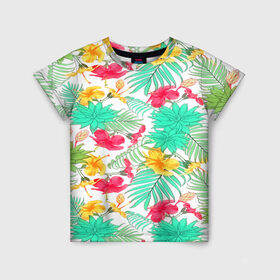 Детская футболка 3D с принтом Tropical pattern , 100% гипоаллергенный полиэфир | прямой крой, круглый вырез горловины, длина до линии бедер, чуть спущенное плечо, ткань немного тянется | Тематика изображения на принте: 3d | арт | лето | пальмы | текстура | тропический | узор | цветы