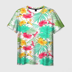 Мужская футболка 3D с принтом Tropical pattern , 100% полиэфир | прямой крой, круглый вырез горловины, длина до линии бедер | 3d | арт | лето | пальмы | текстура | тропический | узор | цветы