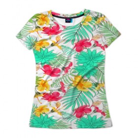 Женская футболка 3D с принтом Tropical pattern , 100% полиэфир ( синтетическое хлопкоподобное полотно) | прямой крой, круглый вырез горловины, длина до линии бедер | 3d | арт | лето | пальмы | текстура | тропический | узор | цветы