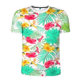 Мужская футболка 3D спортивная с принтом Tropical pattern , 100% полиэстер с улучшенными характеристиками | приталенный силуэт, круглая горловина, широкие плечи, сужается к линии бедра | 3d | арт | лето | пальмы | текстура | тропический | узор | цветы