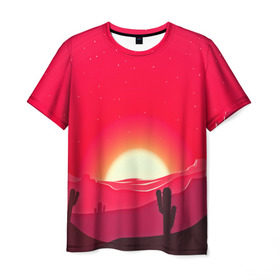 Мужская футболка 3D с принтом Gorgeous sunset , 100% полиэфир | прямой крой, круглый вырез горловины, длина до линии бедер | 3d | арт | дикий запад | закат | кактус | природа | солнце