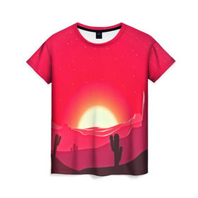 Женская футболка 3D с принтом Gorgeous sunset , 100% полиэфир ( синтетическое хлопкоподобное полотно) | прямой крой, круглый вырез горловины, длина до линии бедер | 3d | арт | дикий запад | закат | кактус | природа | солнце