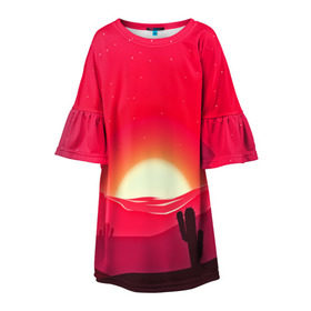 Детское платье 3D с принтом Gorgeous sunset , 100% полиэстер | прямой силуэт, чуть расширенный к низу. Круглая горловина, на рукавах — воланы | 3d | арт | дикий запад | закат | кактус | природа | солнце