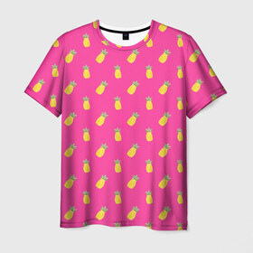 Мужская футболка 3D с принтом Ананасы , 100% полиэфир | прямой крой, круглый вырез горловины, длина до линии бедер | Тематика изображения на принте: акварель | ананас | арт | лето | орнамент | паттерн | розовый | тропики | узор | фрукт | фрукты