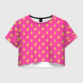 Женская футболка 3D укороченная с принтом Ананасы , 100% полиэстер | круглая горловина, длина футболки до линии талии, рукава с отворотами | акварель | ананас | арт | лето | орнамент | паттерн | розовый | тропики | узор | фрукт | фрукты