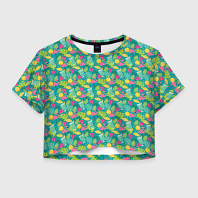 Женская футболка 3D укороченная с принтом Гаваи , 100% полиэстер | круглая горловина, длина футболки до линии талии, рукава с отворотами | aloha | fruits | hawaii | summer | ананас | арбуз | гаваи | пальмы | пляж | солнце | тропики | фламинго | флорида | фрукты