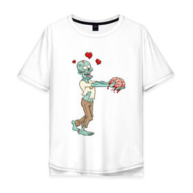 Мужская футболка хлопок Oversize с принтом Zombie love , 100% хлопок | свободный крой, круглый ворот, “спинка” длиннее передней части | Тематика изображения на принте: brain | heart | love | zombie | зомби | любовь | мозги | сердце