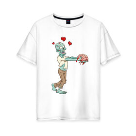 Женская футболка хлопок Oversize с принтом Zombie love , 100% хлопок | свободный крой, круглый ворот, спущенный рукав, длина до линии бедер
 | brain | heart | love | zombie | зомби | любовь | мозги | сердце