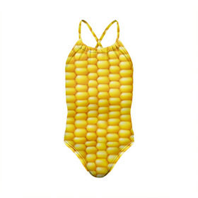 Детский купальник 3D с принтом Сладкая вареная кукуруза , Полиэстер 85%, Спандекс 15% | Слитный крой, подклад по переду изделия, узкие бретели | Тематика изображения на принте: еда | кукуруза