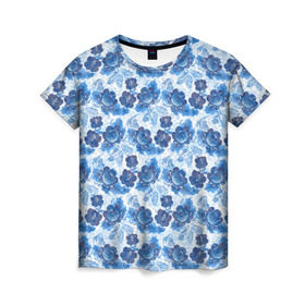 Женская футболка 3D с принтом Гжель , 100% полиэфир ( синтетическое хлопкоподобное полотно) | прямой крой, круглый вырез горловины, длина до линии бедер | роспись | цветы