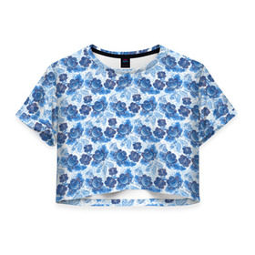 Женская футболка 3D укороченная с принтом Гжель , 100% полиэстер | круглая горловина, длина футболки до линии талии, рукава с отворотами | роспись | цветы