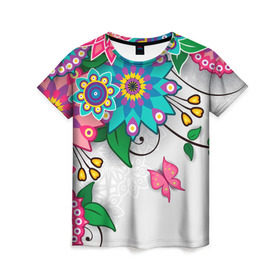 Женская футболка 3D с принтом Розовая бабочка , 100% полиэфир ( синтетическое хлопкоподобное полотно) | прямой крой, круглый вырез горловины, длина до линии бедер | лепестки | листья | орнамент | сад | узор | цветочки | цветы. бабочка