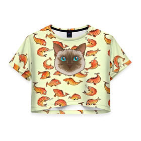 Женская футболка 3D укороченная с принтом Котик в рыбках! , 100% полиэстер | круглая горловина, длина футболки до линии талии, рукава с отворотами | Тематика изображения на принте: животные | коты | котэ | котята | милые животные | прикольные | рыба | рыбки | цветные | яркие