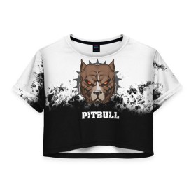 Женская футболка 3D укороченная с принтом Pitbull , 100% полиэстер | круглая горловина, длина футболки до линии талии, рукава с отворотами | 3d | dog | pitbull | абстракция | животные | краска | собака | черно белый