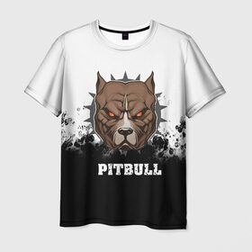 Мужская футболка 3D с принтом Pitbull , 100% полиэфир | прямой крой, круглый вырез горловины, длина до линии бедер | 3d | dog | pitbull | абстракция | животные | краска | собака | черно белый