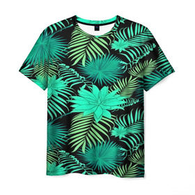 Мужская футболка 3D с принтом Tropical pattern , 100% полиэфир | прямой крой, круглый вырез горловины, длина до линии бедер | Тематика изображения на принте: 3d | арт | лето | листья | пальмы | текстура | узор | цветы