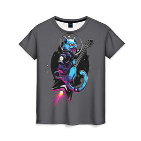 Женская футболка 3D с принтом Дьявольский рок , 100% полиэфир ( синтетическое хлопкоподобное полотно) | прямой крой, круглый вырез горловины, длина до линии бедер | cat | guitar | гитара | гитарист | космос | кот | кошка | музыка | рок | рок н ролл | рокер | русский рок